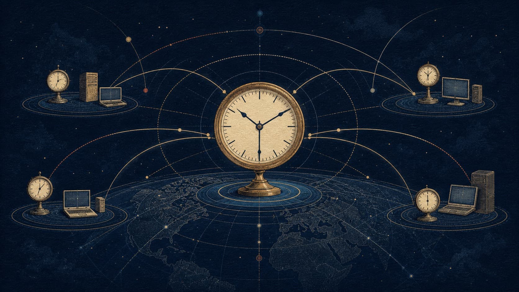 NTP Time Synchronization: How Computers Stay Accurate editorial illustration