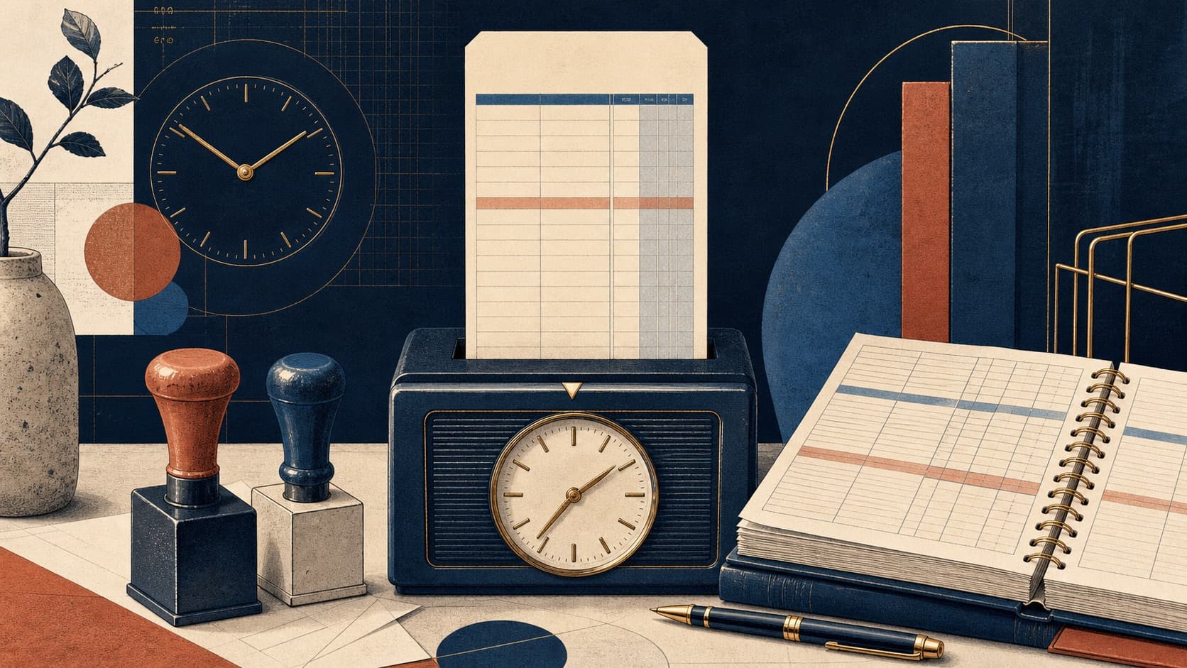 Online Time Clock Calculator: Hours, Breaks, and Decimal Pay editorial illustration